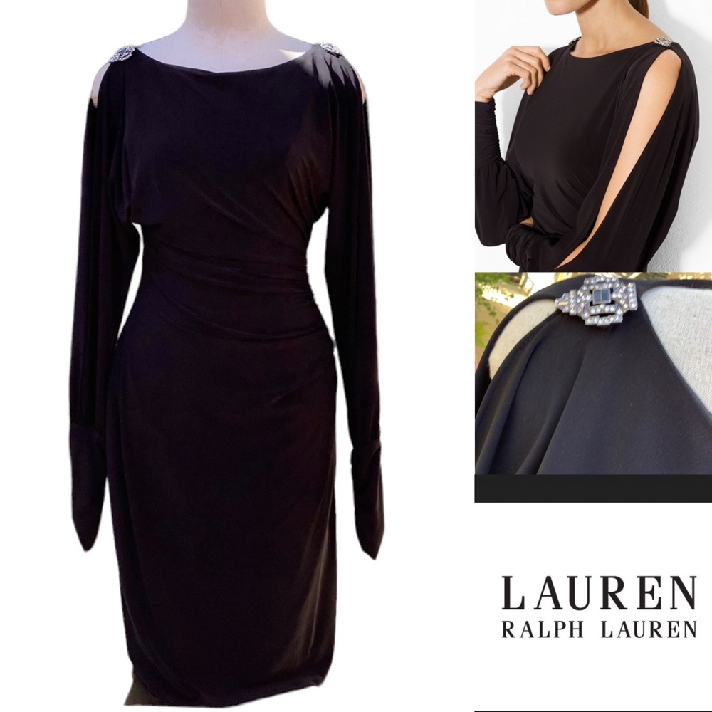 LAUREN RALPH LAUREN BLACK EVENING DRESS WITH SLIT SLEEVES . SIZE‎ 6P